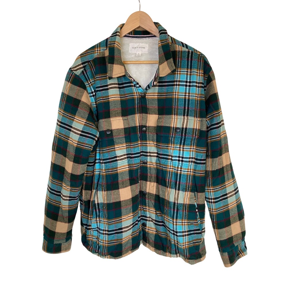 Sun + Stone Mens XL Plaid Sherpa Lined Shirt Jacket Teal Tan Shacket 100156280